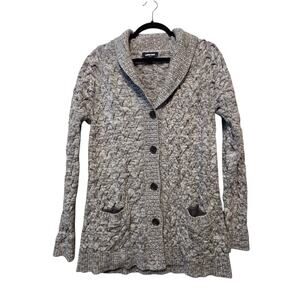 Lands End Drifter Cable Knit Cardigan Womens LG Gray Tweed Fisherman Boyfriend